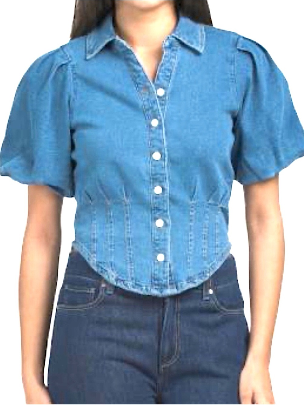 Bagatelle Denim Puff Sleeve Button Front Fitted Corset Style Blue Collared Shirt
